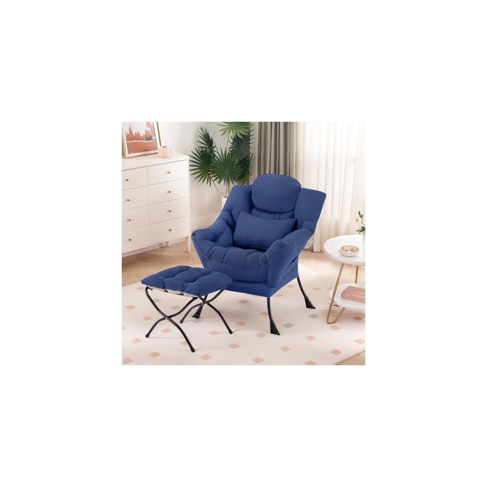 Furlide Lazy Chair with Ottoman, Modern Lounge Chair with Lumbar Pillow, Accent Cozy Reading Armchair and Folding Footstool for Bedroom, Dorm, Living Room,Navy