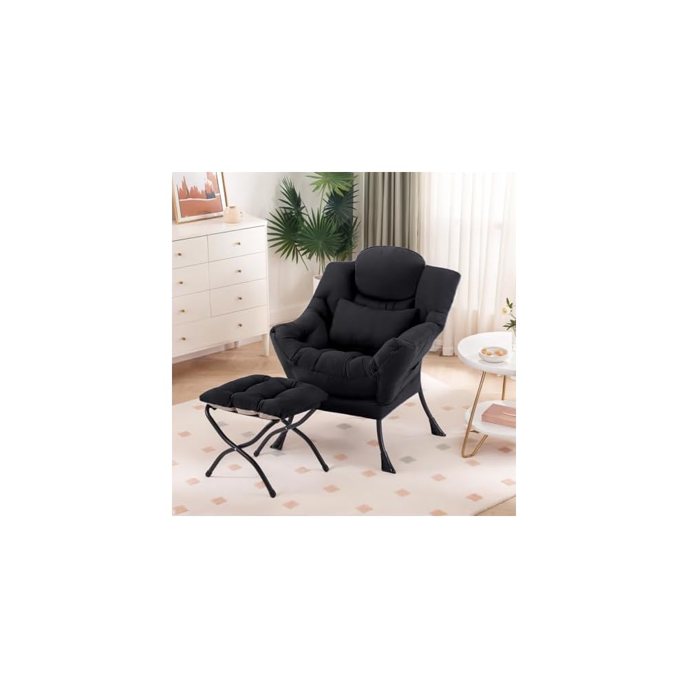 Furlide Lazy Chair with Ottoman, Modern Lounge Chair with Lumbar Pillow, Accent Cozy Reading Armchair and Folding Footstool for Bedroom, Dorm, Living Room,Navy