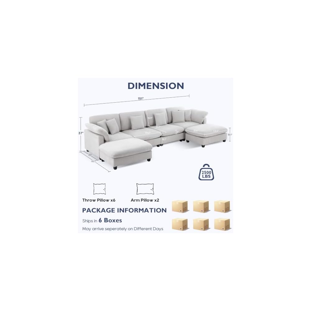 Oprisen 151" Oversized Modular Sectional Sofa, 6 Seat U Shaped Couch