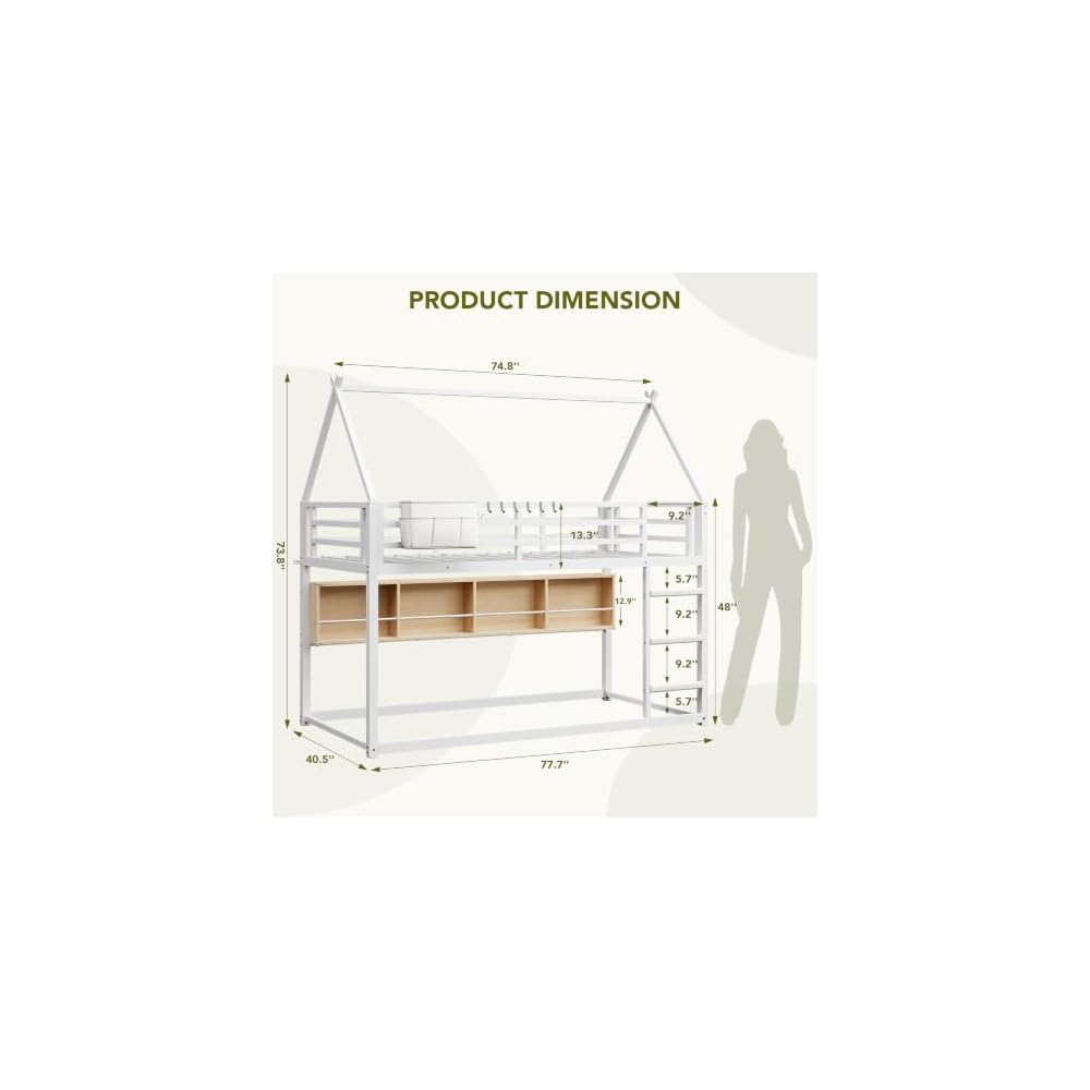 Decofy Bunk Bed Twin Over Twin with Book Shelf, House Bunk Bed Frame, White