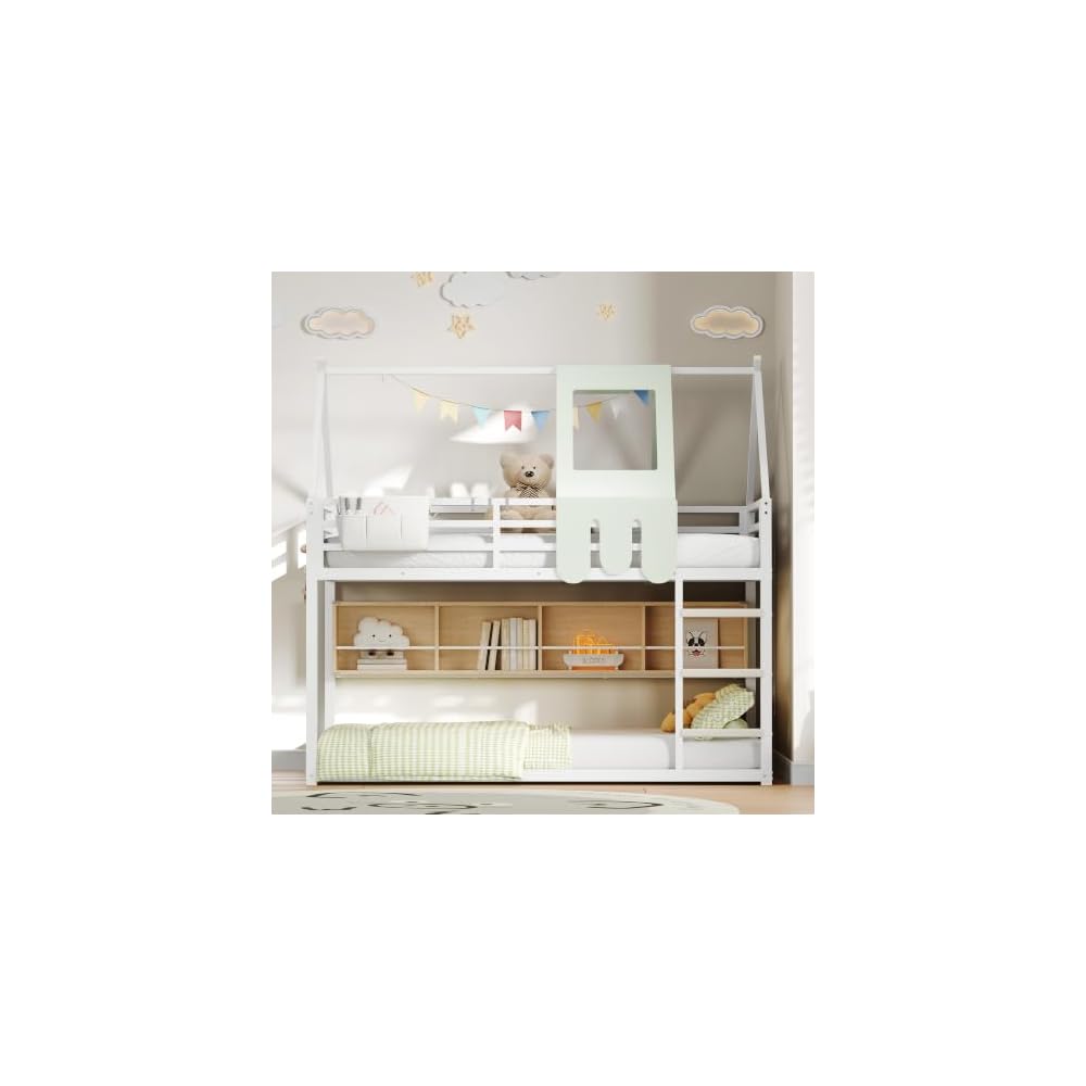 Decofy Bunk Bed Twin Over Twin with Book Shelf, House Bunk Bed Frame, White