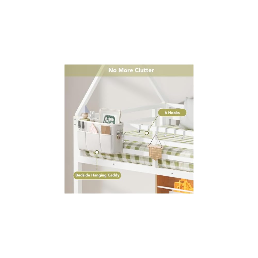 Decofy Bunk Bed Twin Over Twin with Book Shelf, House Bunk Bed Frame, White