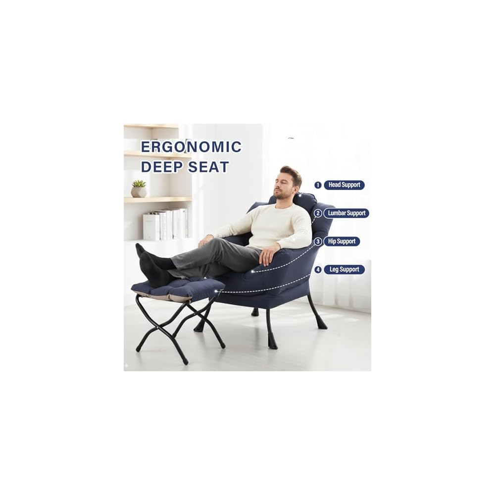 Furlide Lazy Chair with Ottoman, Modern Lounge Chair with Lumbar Pillow, Accent Cozy Reading Armchair and Folding Footstool for Bedroom, Dorm, Living Room,Navy
