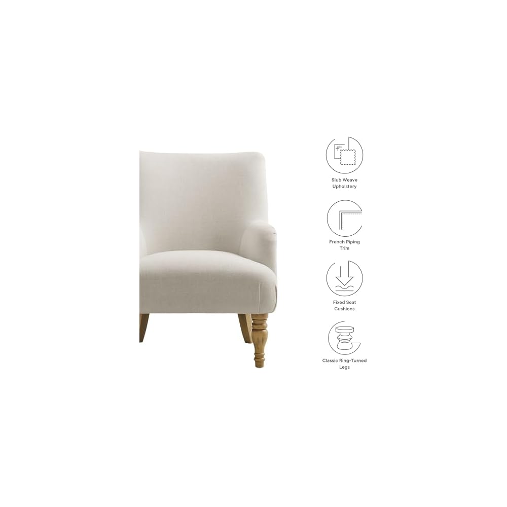 Modway Ellington Living Room Accent Armchair in Salt – Fabric Upholstered Reading Arm Chair with Wooden Legs – Modern Lounge Chair with French Piping Trim