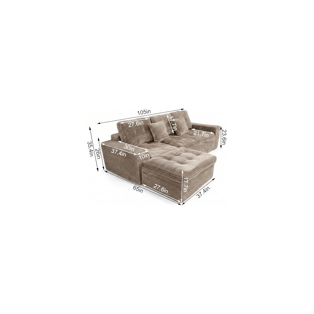 105" Modular Sectional Sofa, Comfy Corduroy L-Shaped Deep Seat Cloud Couch with Ottoman, Modern Tufted Boneless Couches for Living Room, No Assembly Required, Khaki