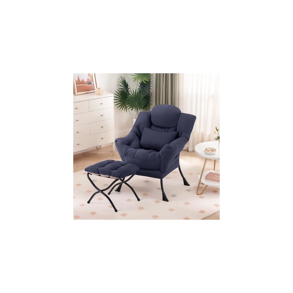 Furlide Lazy Chair with Ottoman, Modern Lounge Chair with Lumbar Pillow, Accent Cozy Reading Armchair and Folding Footstool for Bedroom, Dorm, Living Room,Navy