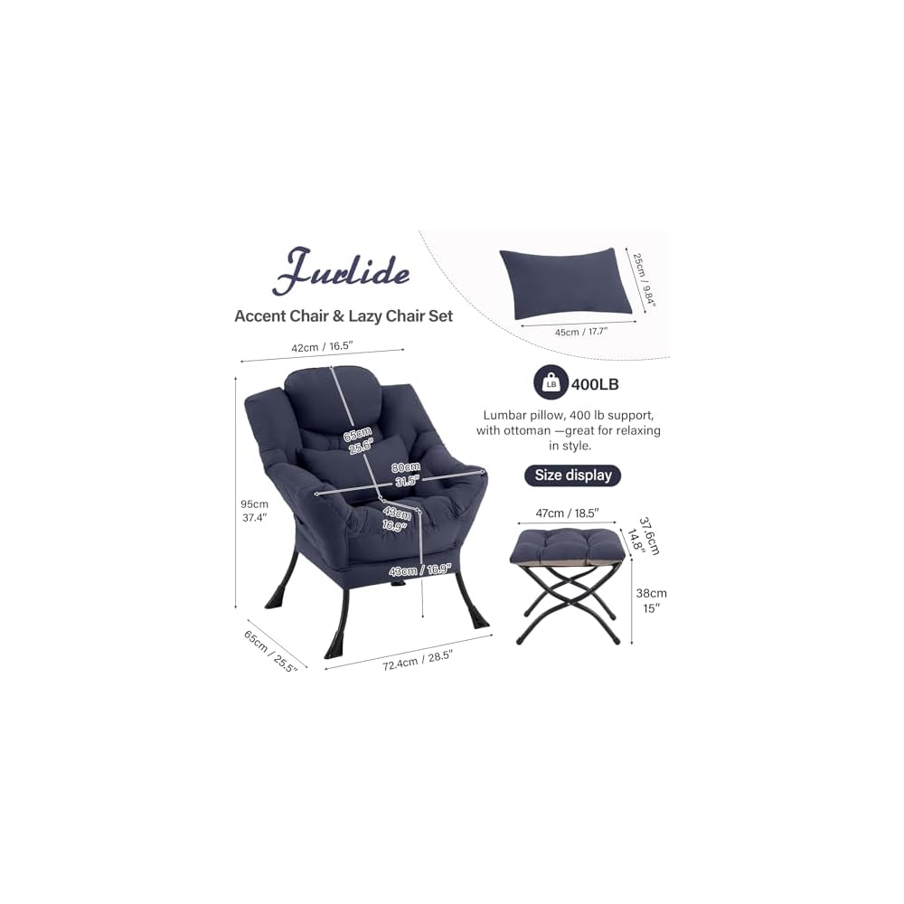 Furlide Lazy Chair with Ottoman, Modern Lounge Chair with Lumbar Pillow, Accent Cozy Reading Armchair and Folding Footstool for Bedroom, Dorm, Living Room,Navy