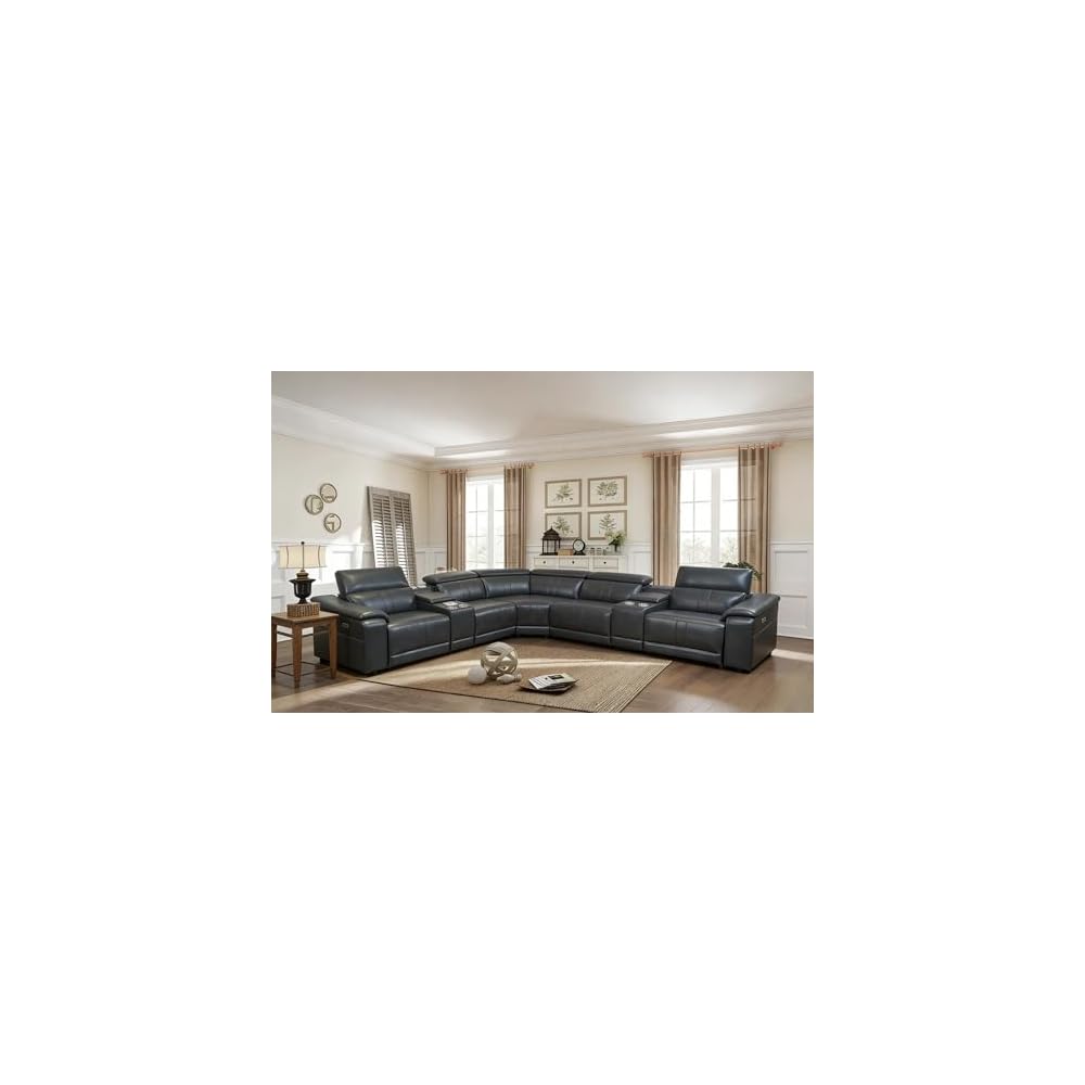 KEIKI 227“ Oversized L-Shaped Power Recliner Sectional Sofa 3Seat with Bluetooth Speakers LED Strip, Wireless Charging Storage Console Cup Holders Tech Leather for Living Room Home Theater, Dark Grey