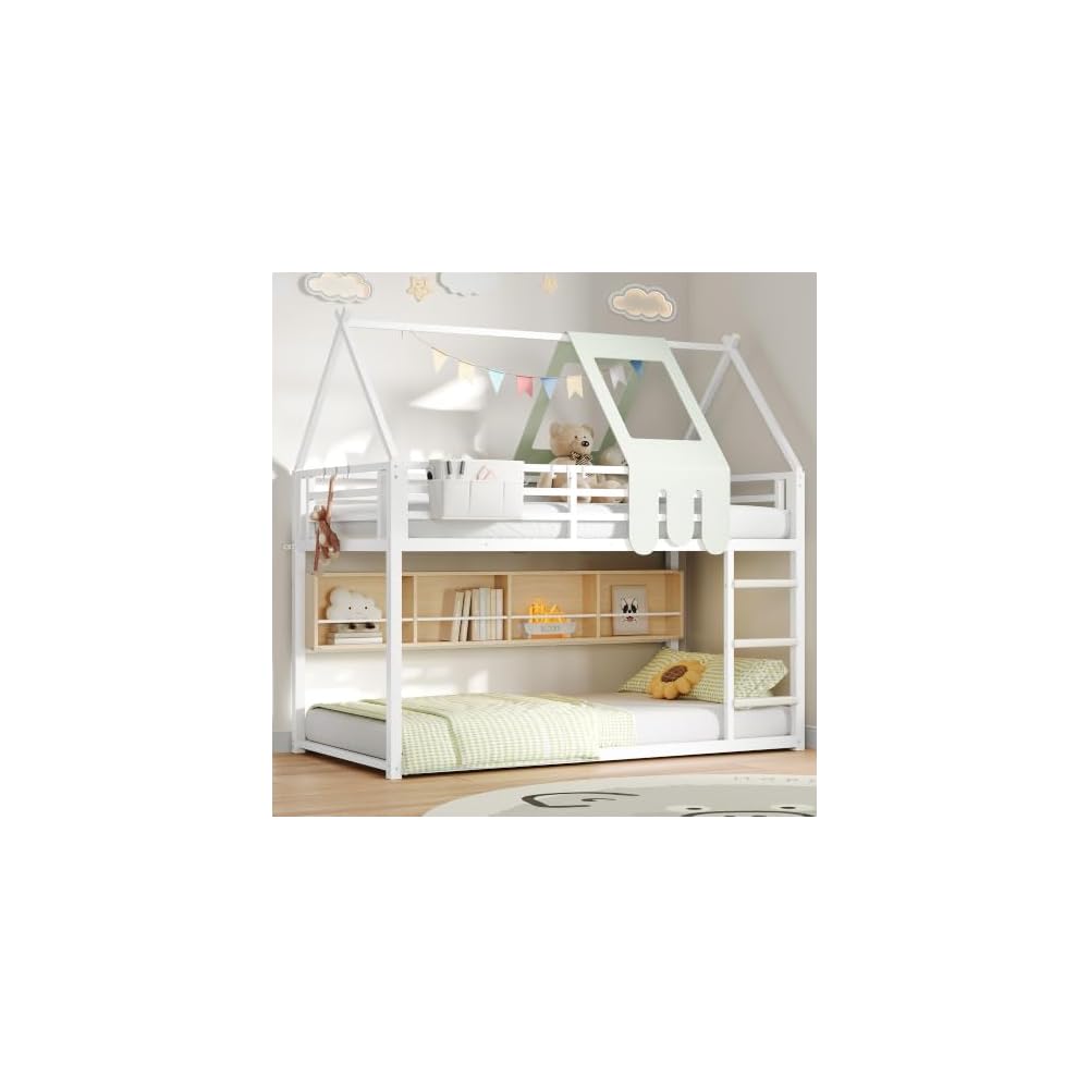 Decofy Bunk Bed Twin Over Twin with Book Shelf, House Bunk Bed Frame, White