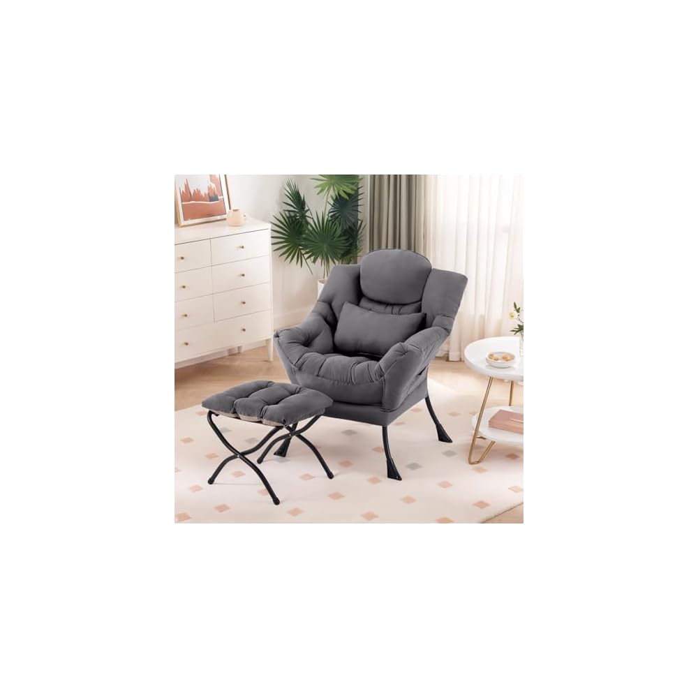 Furlide Lazy Chair with Ottoman, Modern Lounge Chair with Lumbar Pillow, Accent Cozy Reading Armchair and Folding Footstool for Bedroom, Dorm, Living Room,Navy