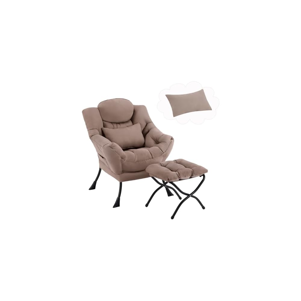 Furlide Lazy Chair with Ottoman, Modern Lounge Chair with Lumbar Pillow, Accent Cozy Reading Armchair and Folding Footstool for Bedroom, Dorm, Living Room,Navy