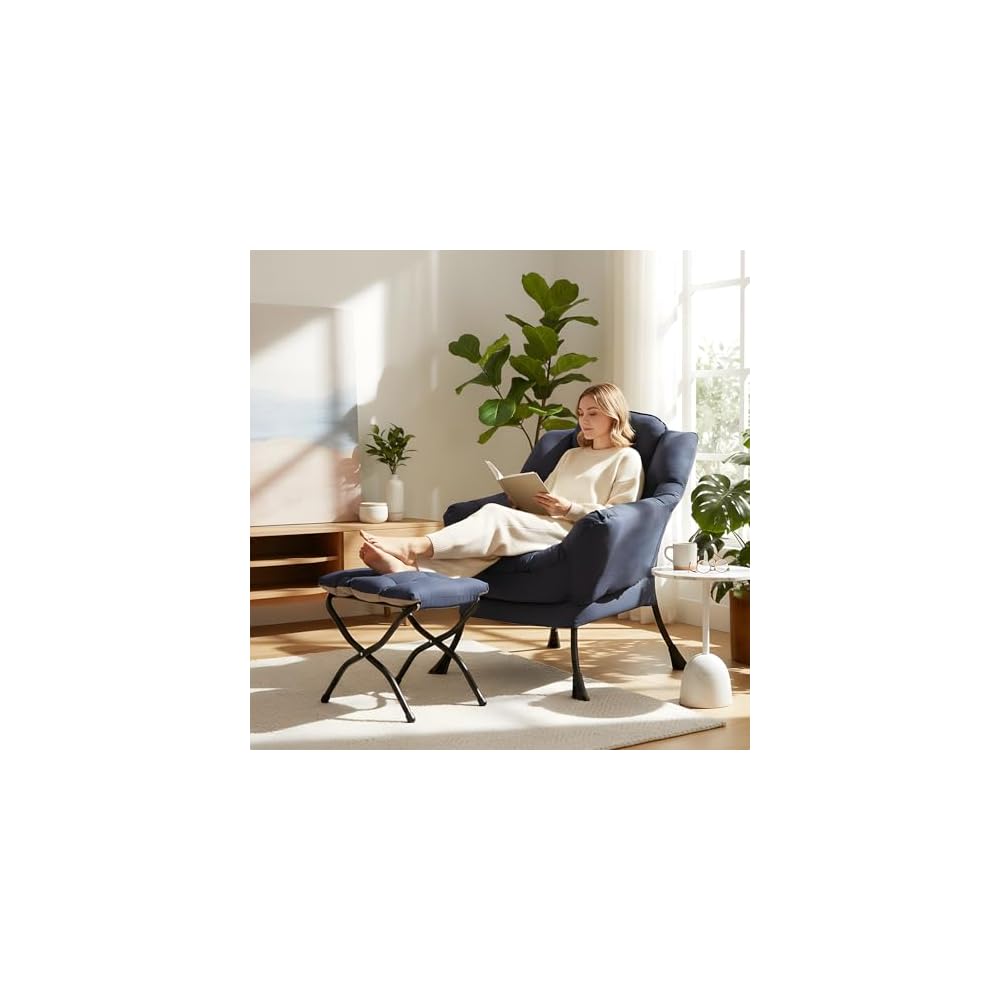 Furlide Lazy Chair with Ottoman, Modern Lounge Chair with Lumbar Pillow, Accent Cozy Reading Armchair and Folding Footstool for Bedroom, Dorm, Living Room,Navy