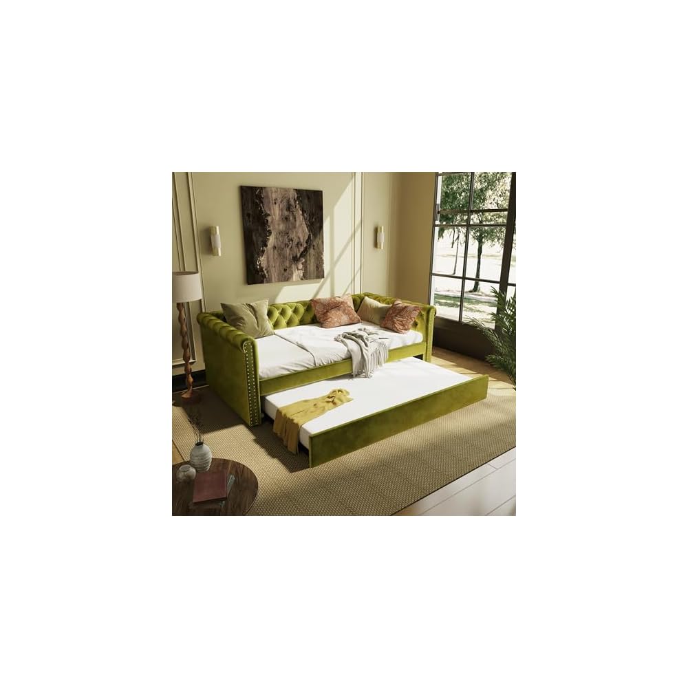 Merax Twin Size Upholstered Daybed with Trundle, Modern Velvet Sofa Bed with Tufted Button Design and Curved Armrests for Living Room, Bedroom and Guest Room, No Box Spring Needed, Green
