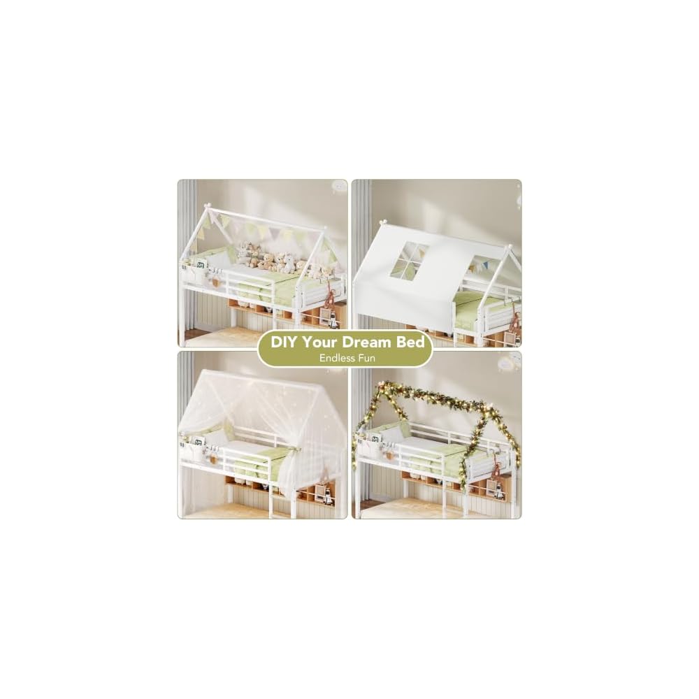 Decofy Bunk Bed Twin Over Twin with Book Shelf, House Bunk Bed Frame, White