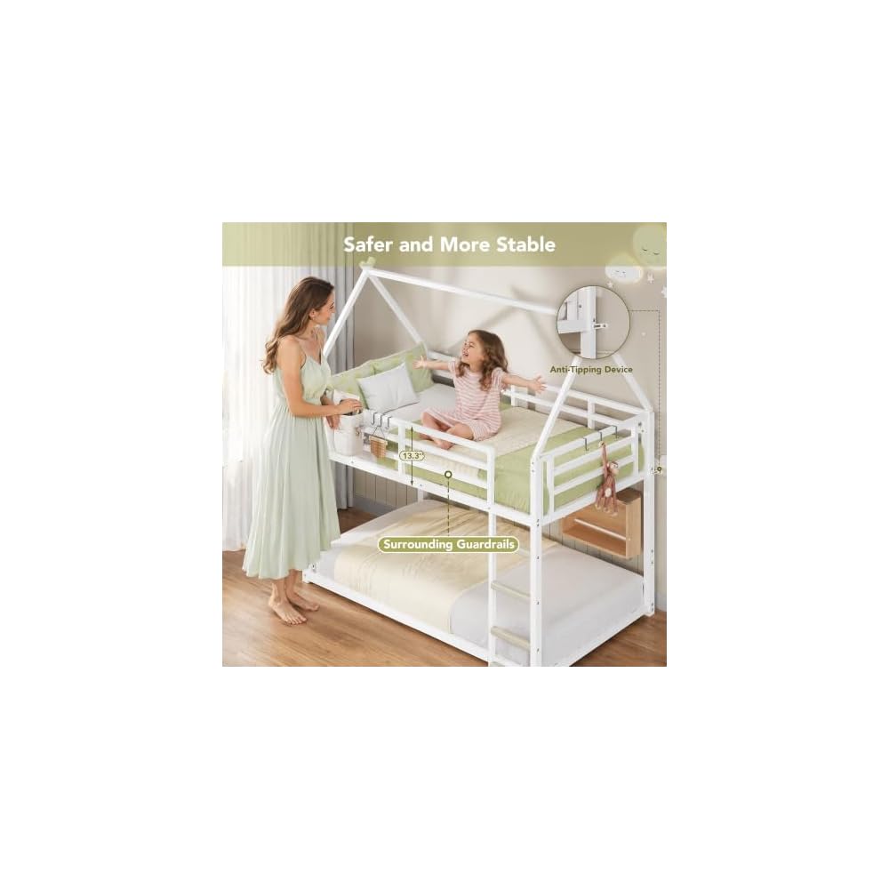 Decofy Bunk Bed Twin Over Twin with Book Shelf, House Bunk Bed Frame, White