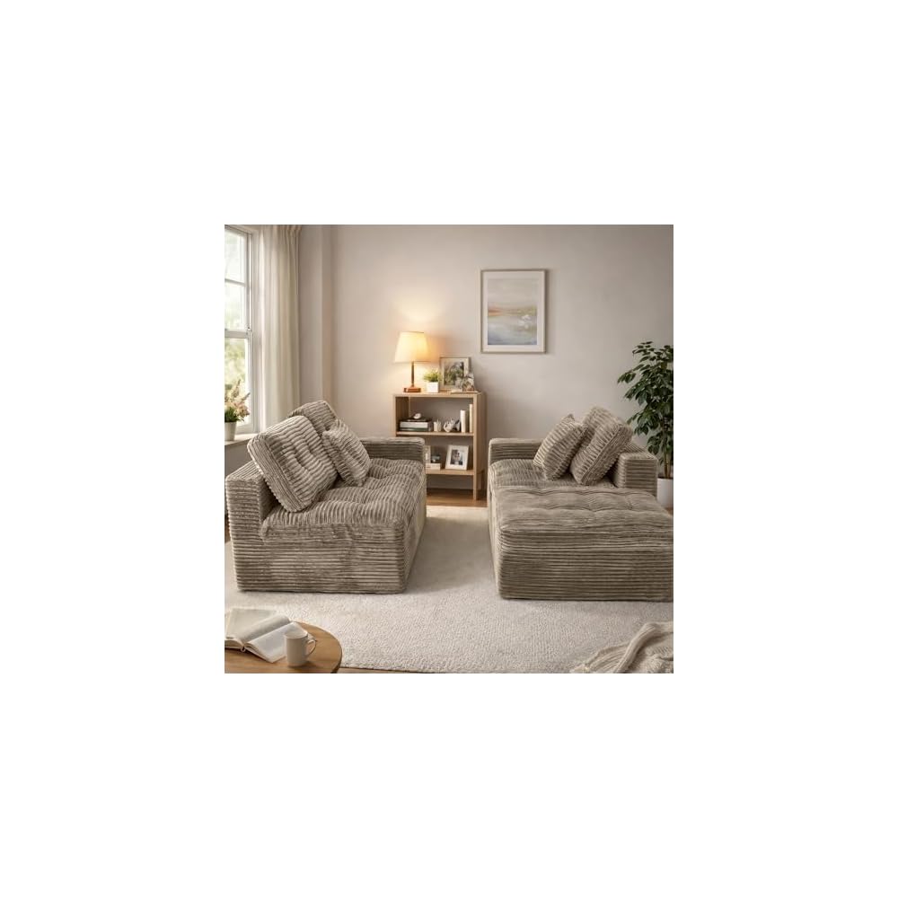 105" Modular Sectional Sofa, Comfy Corduroy L-Shaped Deep Seat Cloud Couch with Ottoman, Modern Tufted Boneless Couches for Living Room, No Assembly Required, Khaki