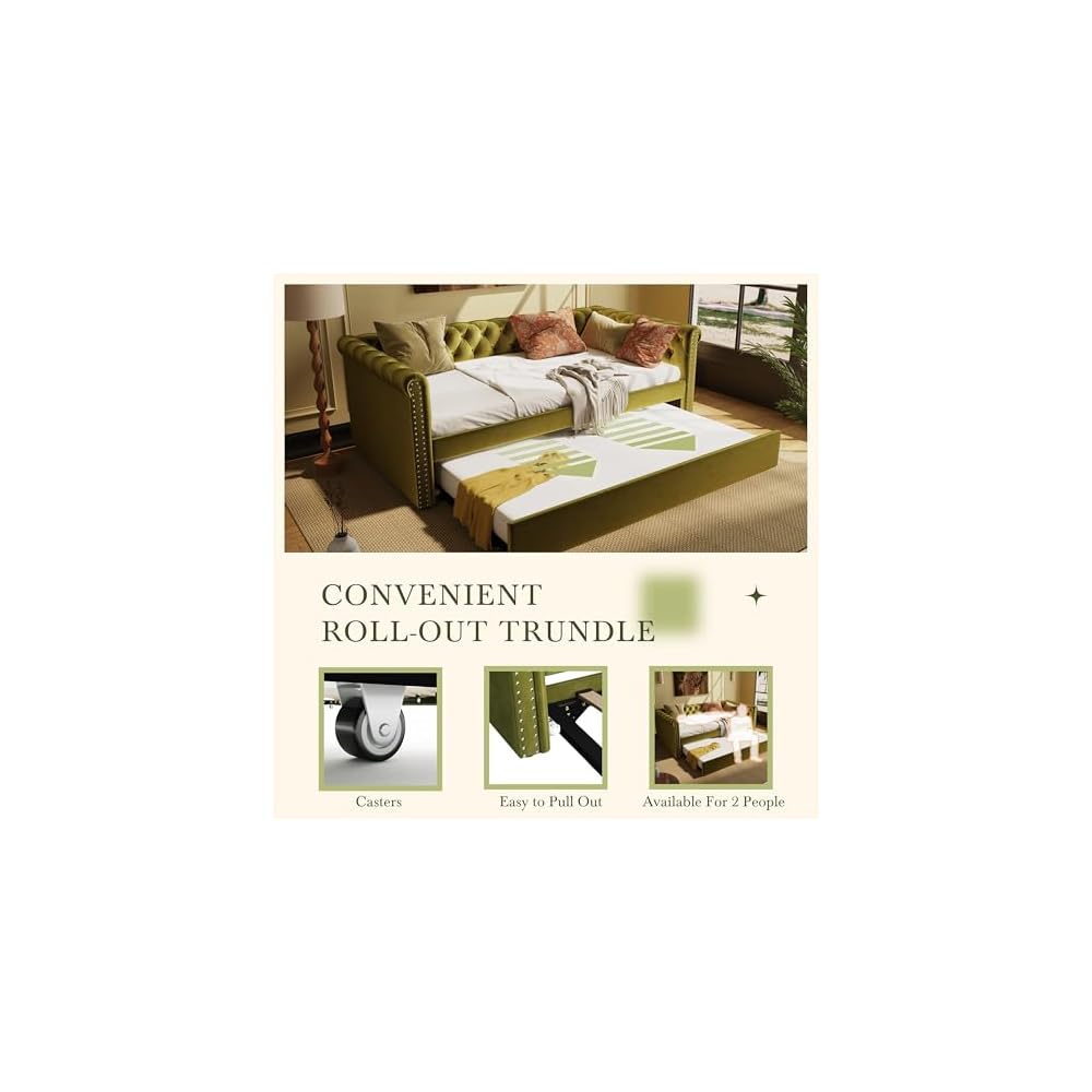 Merax Twin Size Upholstered Daybed with Trundle, Modern Velvet Sofa Bed with Tufted Button Design and Curved Armrests for Living Room, Bedroom and Guest Room, No Box Spring Needed, Green