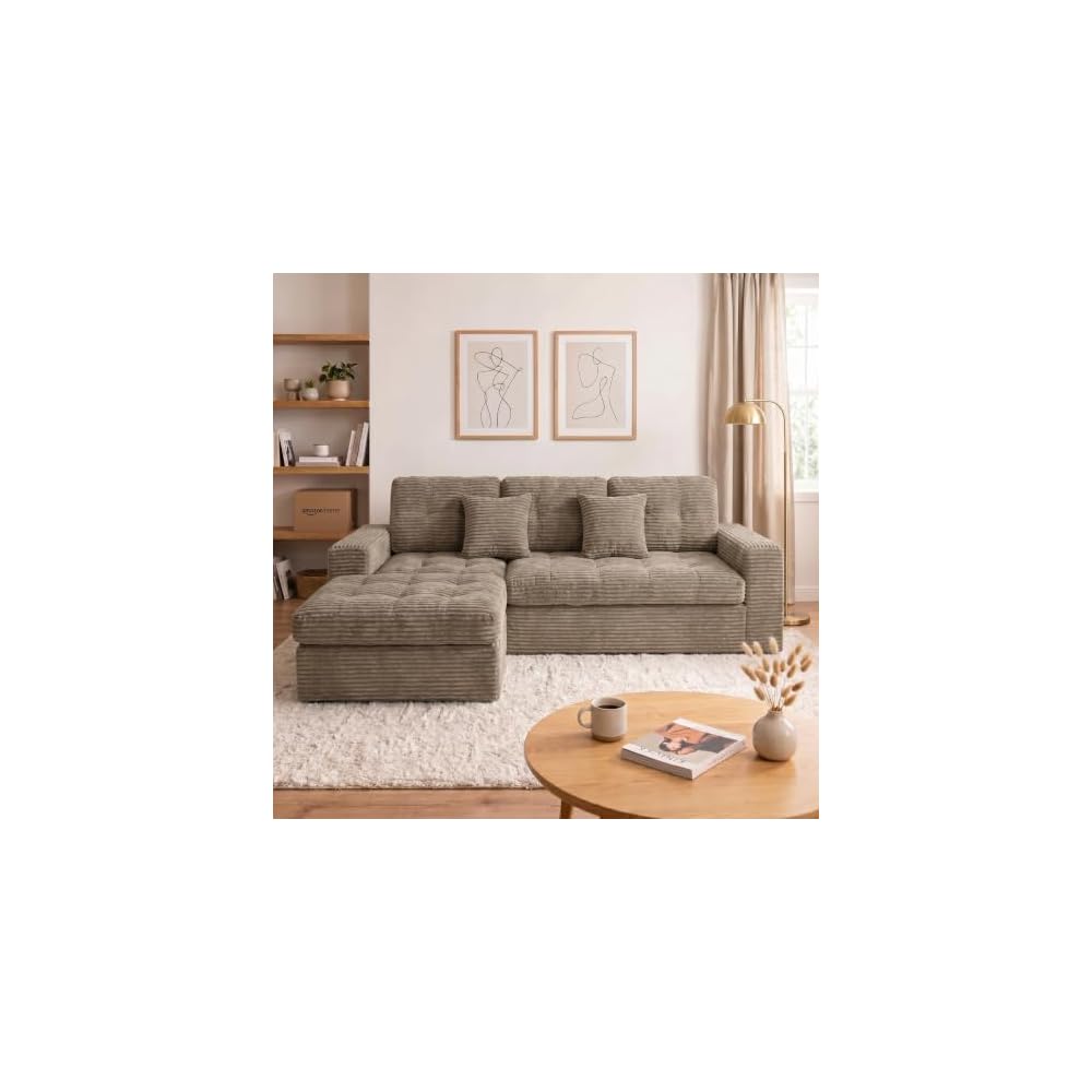 105" Modular Sectional Sofa, Comfy Corduroy L-Shaped Deep Seat Cloud Couch with Ottoman, Modern Tufted Boneless Couches for Living Room, No Assembly Required, Khaki