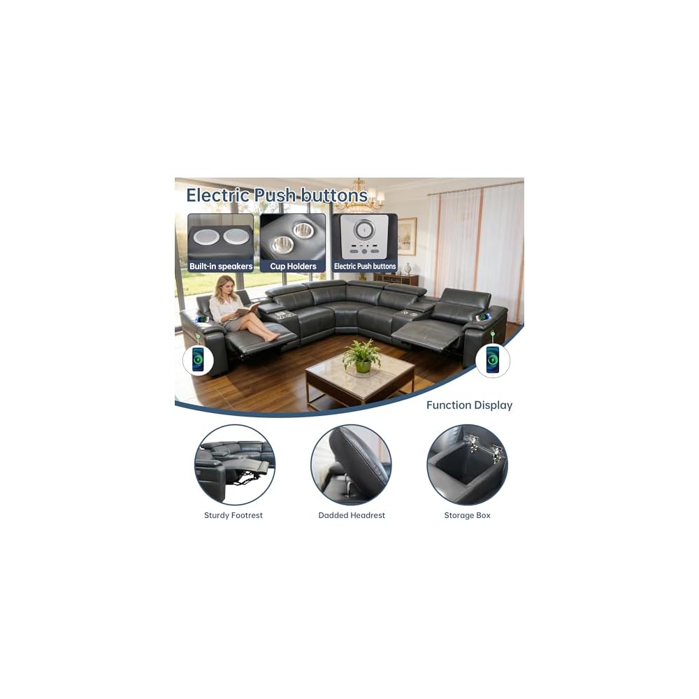 KEIKI 227“ Oversized L-Shaped Power Recliner Sectional Sofa 3Seat with Bluetooth Speakers LED Strip, Wireless Charging Storage Console Cup Holders Tech Leather for Living Room Home Theater, Dark Grey