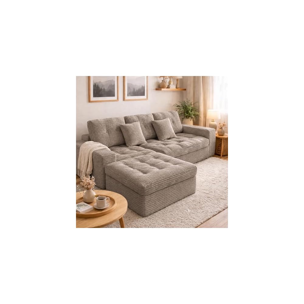 105" Modular Sectional Sofa, Comfy Corduroy L-Shaped Deep Seat Cloud Couch with Ottoman, Modern Tufted Boneless Couches for Living Room, No Assembly Required, Khaki