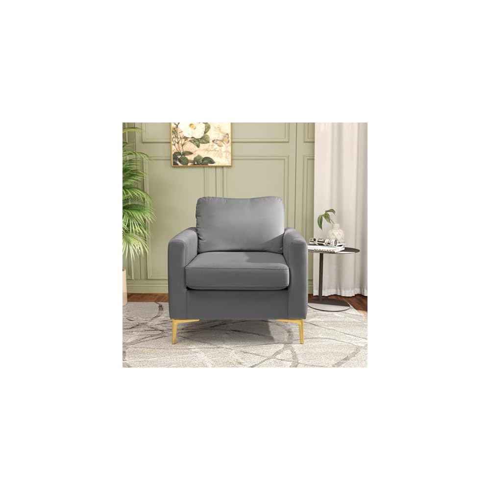 Mid Century Accent Chair Modern Velvet Living Room Accent Chair Comfy Upholstered Arm Chair for Bedroom Studio Study Office Lounge (Grey)
