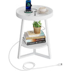 WLIVE Small Round Side Table with Charging Station for Living Room Brown