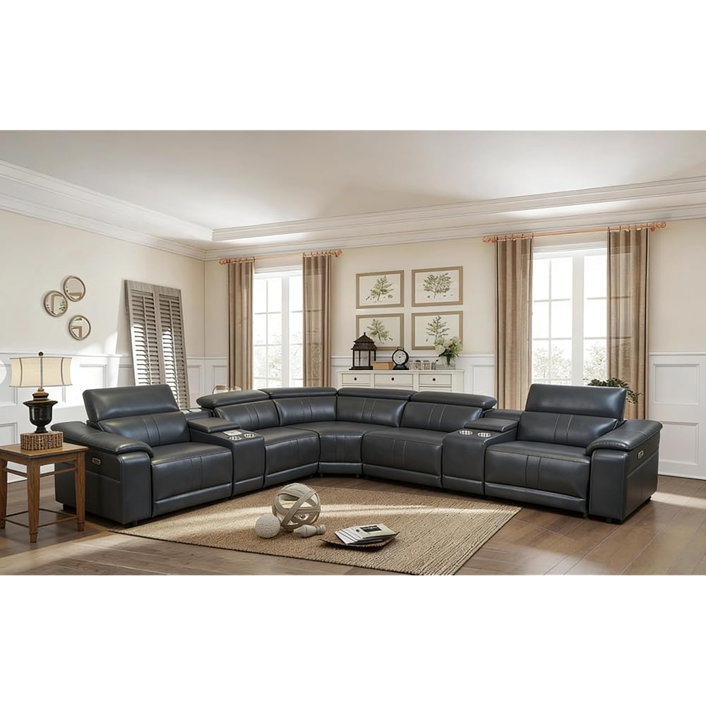 KEIKI 227“ Oversized L-Shaped Power Recliner Sectional Sofa 3Seat with Bluetooth Speakers LED Strip, Wireless Charging Storage Console Cup Holders Tech Leather for Living Room Home Theater, Dark Grey