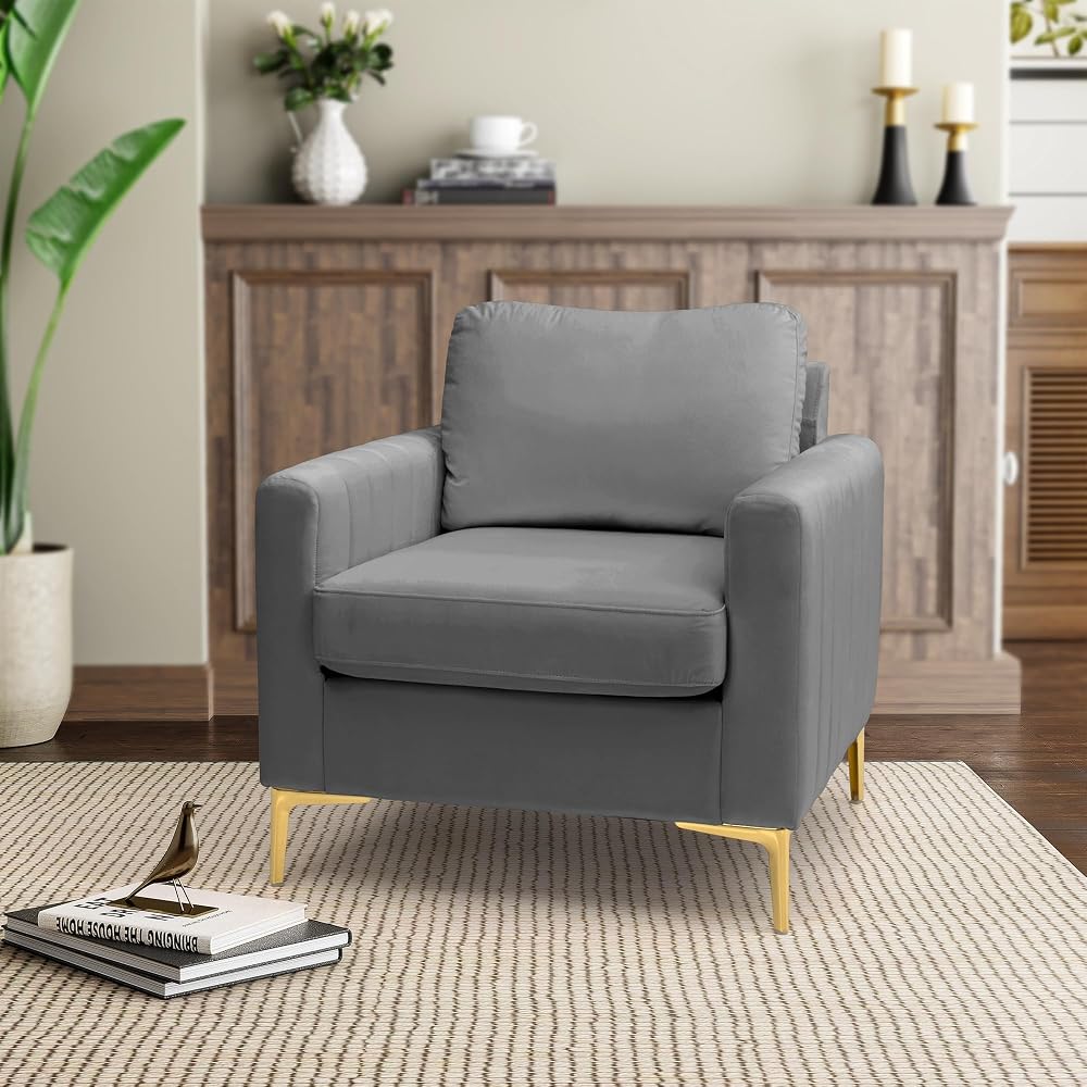 Mid Century Accent Chair Modern Velvet Living Room Accent Chair Comfy Upholstered Arm Chair for Bedroom Studio Study Office Lounge (Grey)
