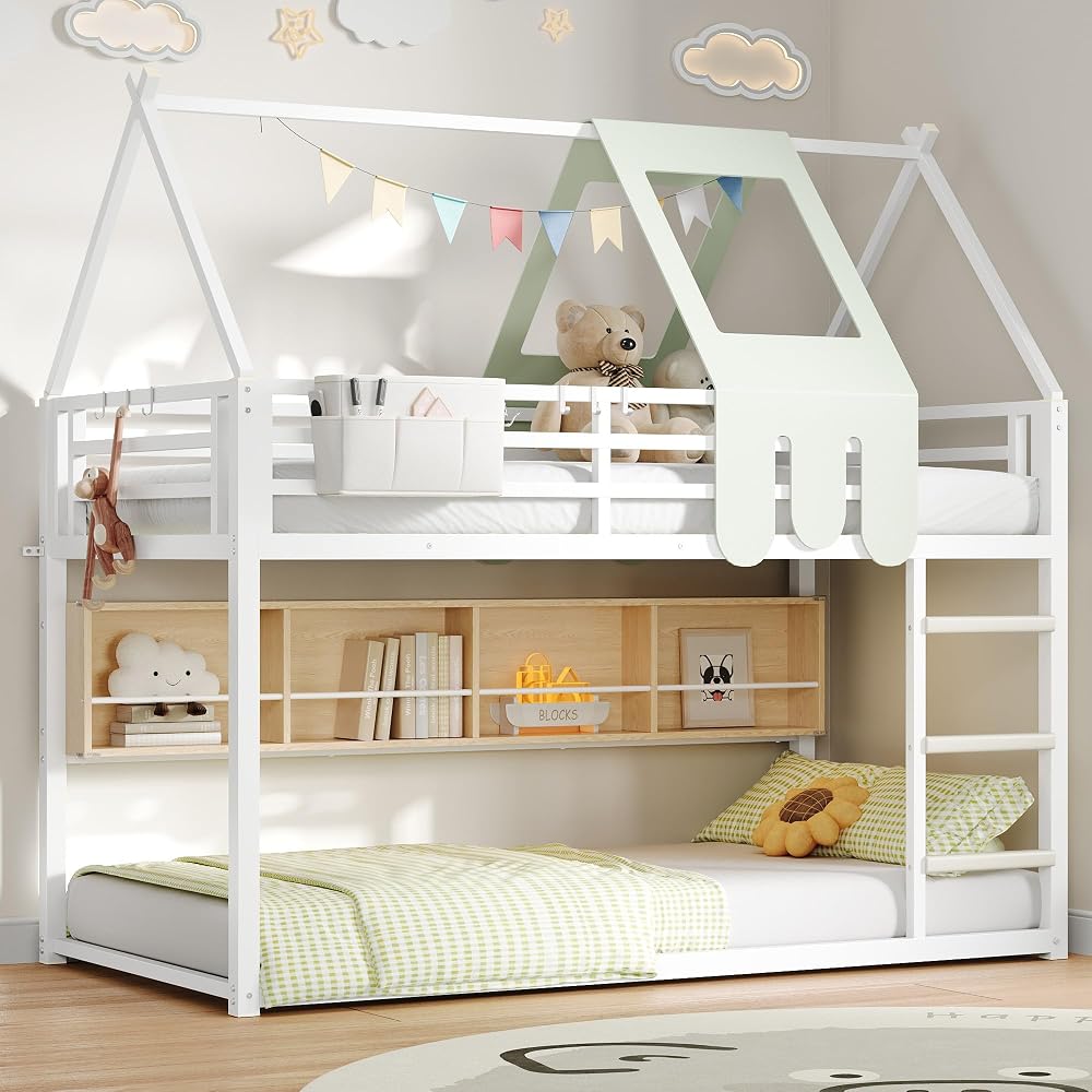 Decofy Bunk Bed Twin Over Twin with Book Shelf, House Bunk Bed Frame, White